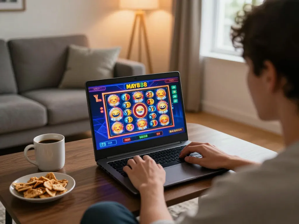 Engaging online gaming moment at home featuring may88 slot machine gameplay