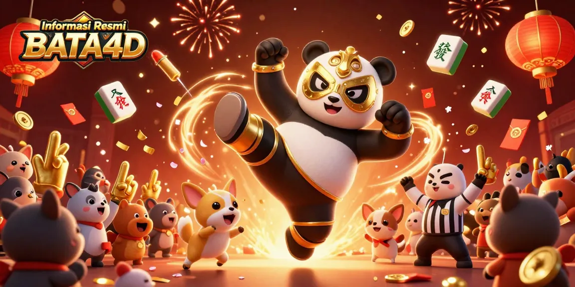 Akrobatik panda dengan masker emas mewakili Informasi Resmi BATA4D di panggung kasino digital.