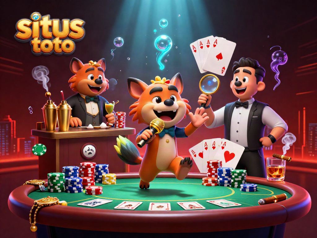 Hyenas entertain at a comedy casino club scene showcasing situs toto gaming elements and vibrant atmosphere.