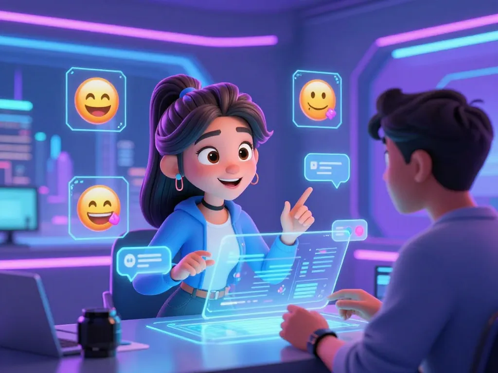 NSFW AI interaction featuring playful animated character engaging with user in futuristic digital setting.