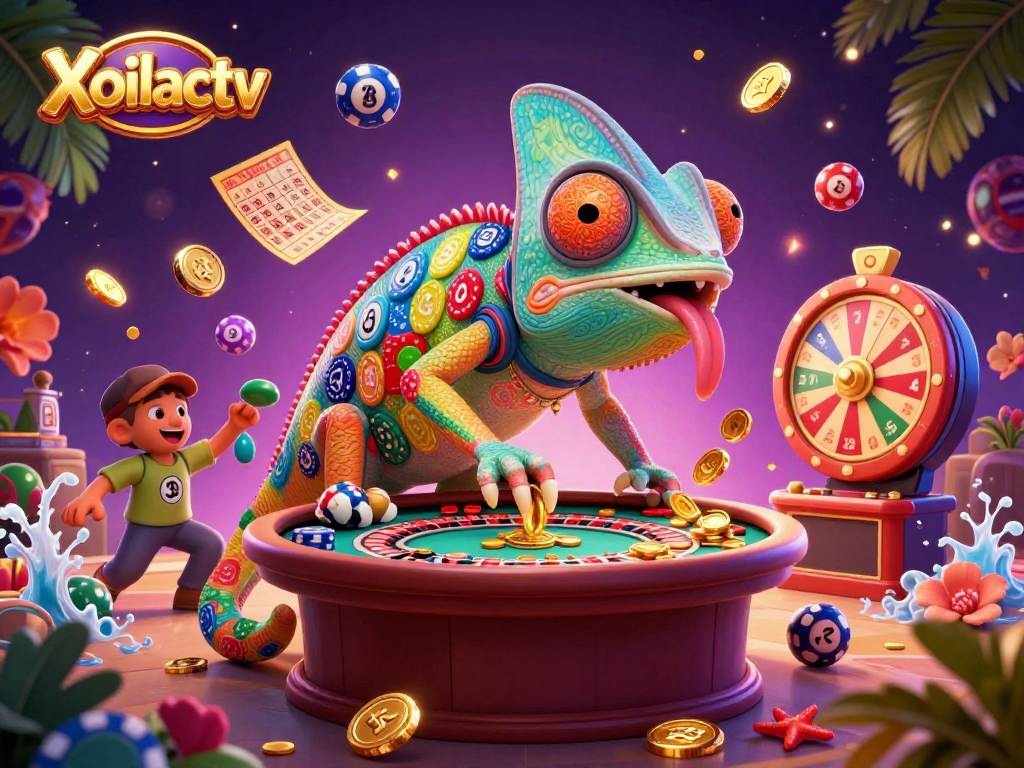 Xoilactv presents a vibrant casino scene with a chameleon owner amid dynamic gaming elements.