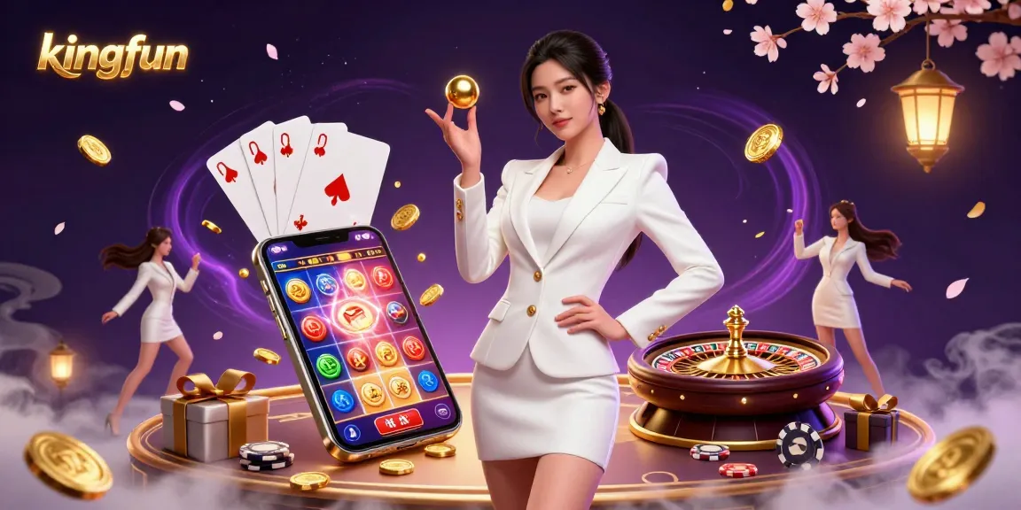Spin to win with kingfun as a confident Asian woman showcases her poker skills in a luxurious casino.