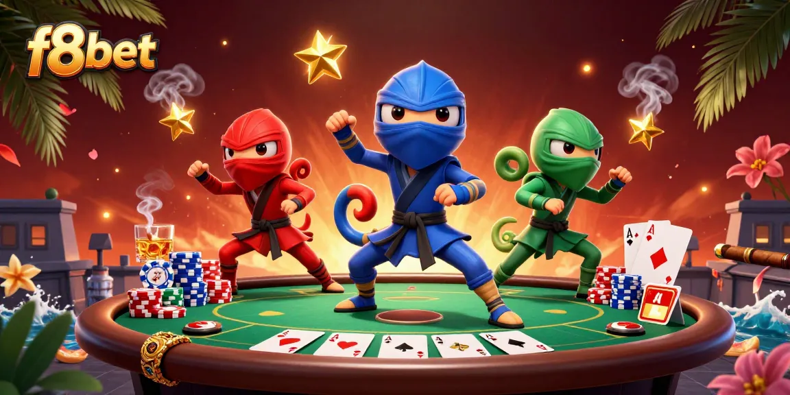 Experience thrilling poker action with f8bet's dynamic chameleon ninjas showcasing their skills amidst colorful casino elements.