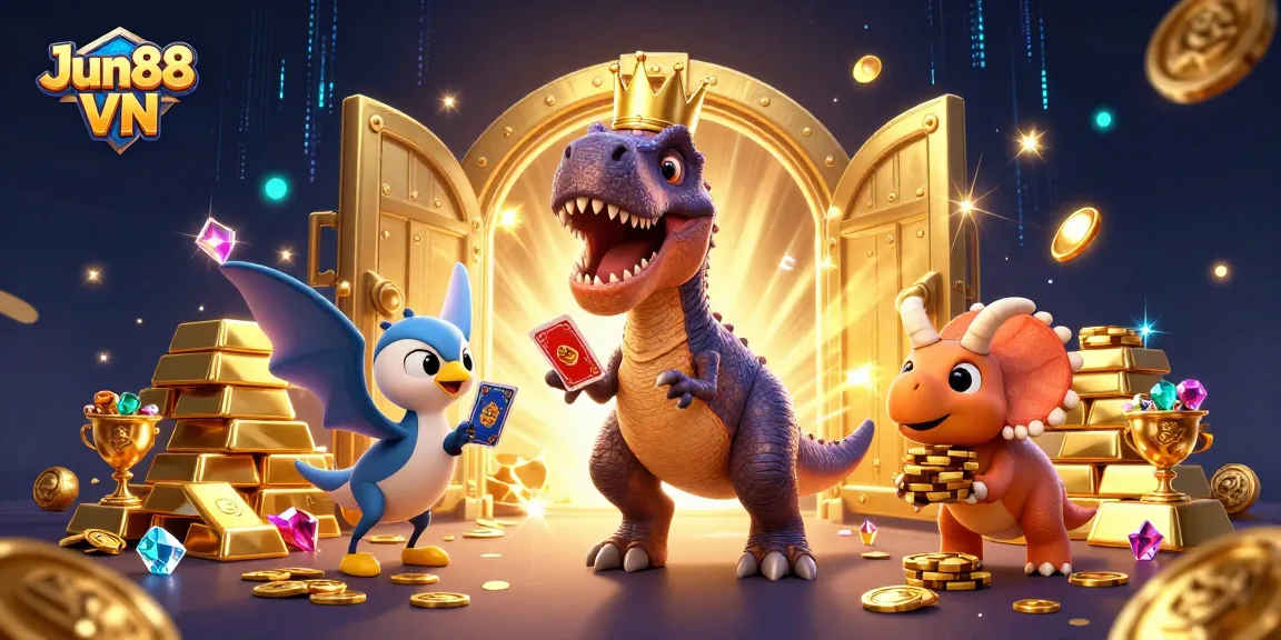 Experience thrilling gameplay at Jun88 VN with a vivid scene of T-Rex and friends amidst gold-infused casino action.