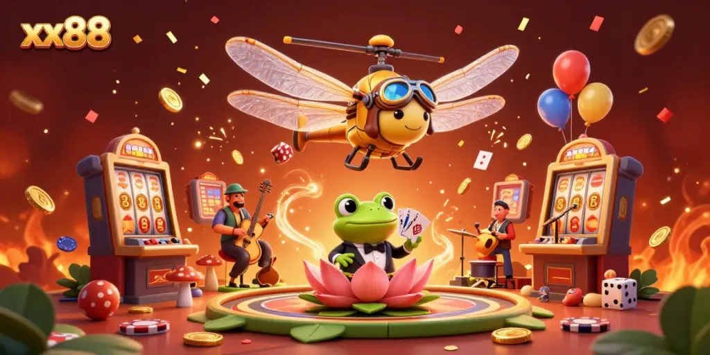Engage with the vibrant world of xx88 as a dragonfly pilot watches a frog croupier deal cards in a lively casino.