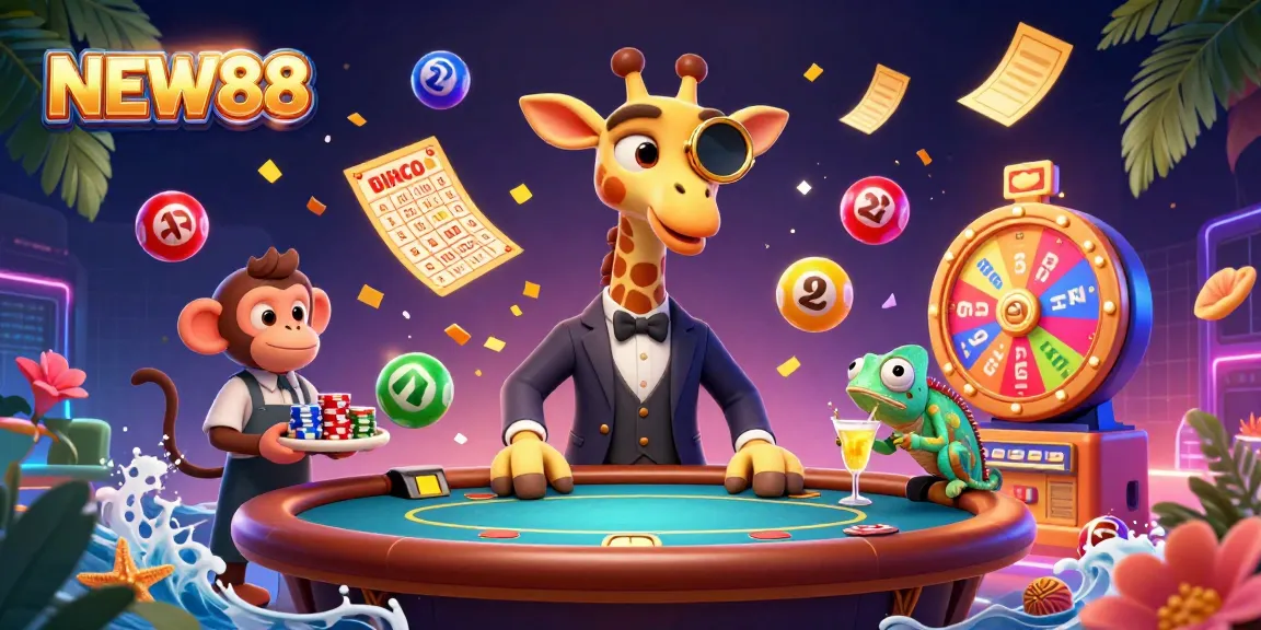 Engage with NEW88's vibrant online casino experience featuring lively characters and gaming elements.