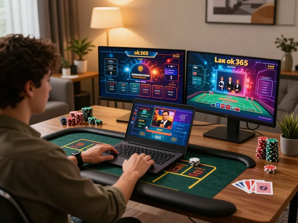 Engaging in live dealer games with ok365 from a stylish home office setup, showcasing excitement.
