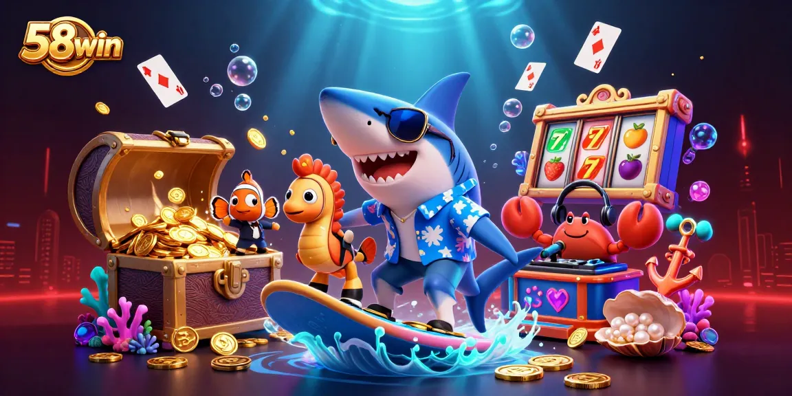 Experience thrill with 58win as cartoon shark surfs gold coins amidst vibrant gambling elements!