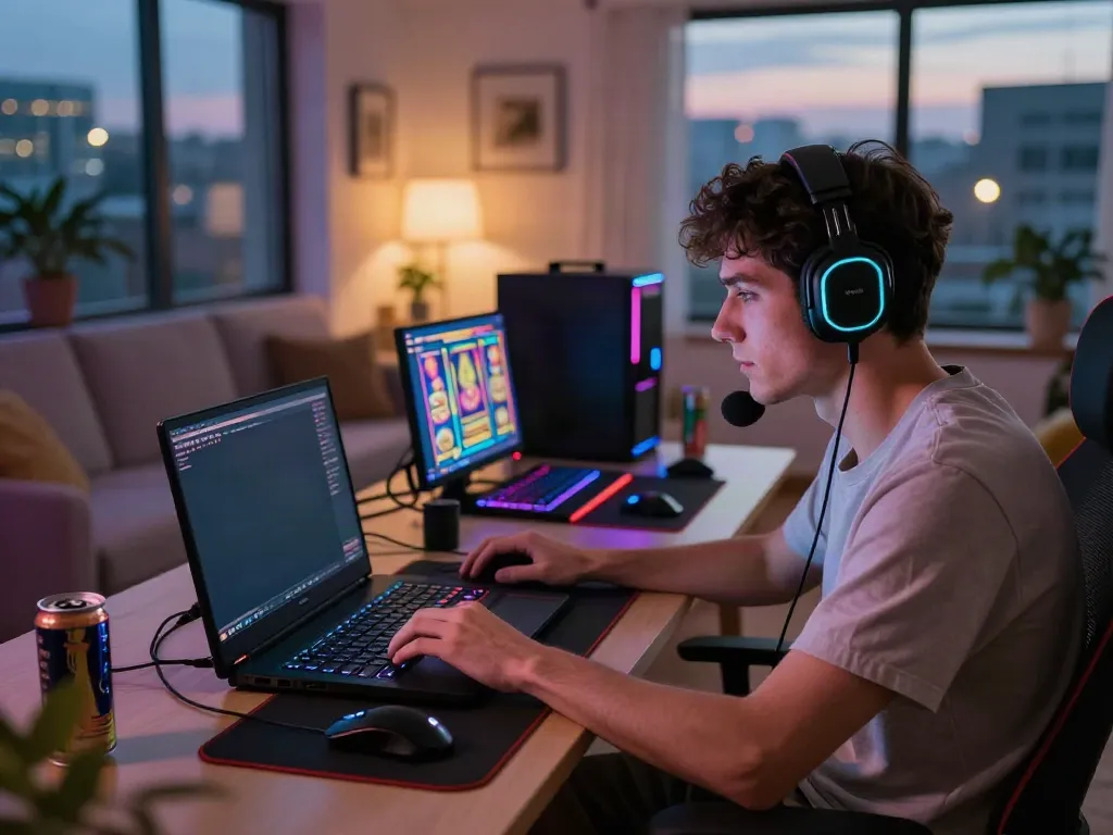 A young adult male immersed in online gaming on his laptop, showcasing the excitement of akunjp gaming.