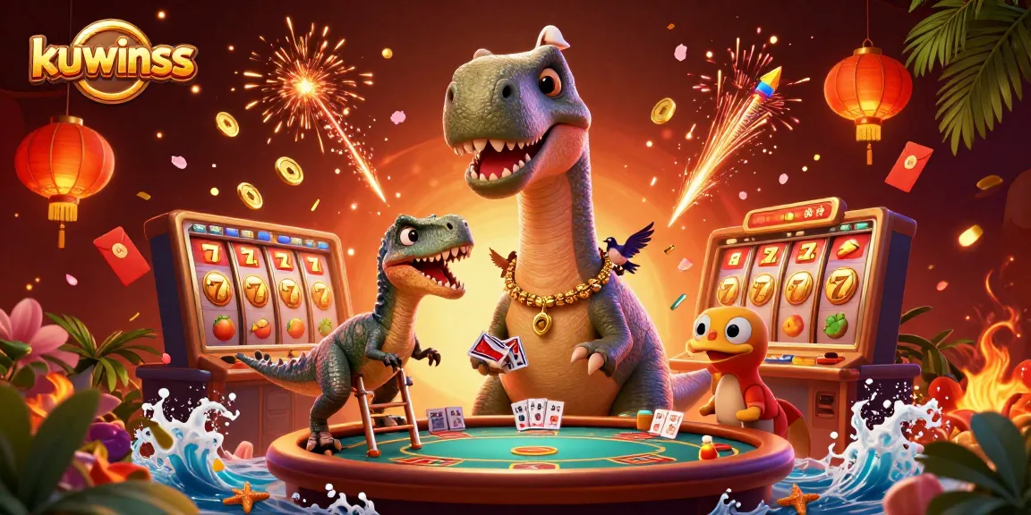 Engage with kuwinss as a giant dinosaur surveys a vibrant casino scene with spinning slot reels and golden symbols.