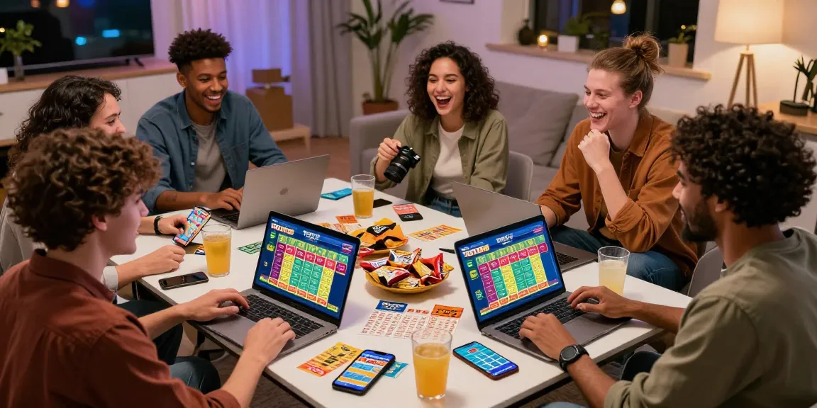 Toto online lottery game night with friends enjoying snacks and excited discussions.
