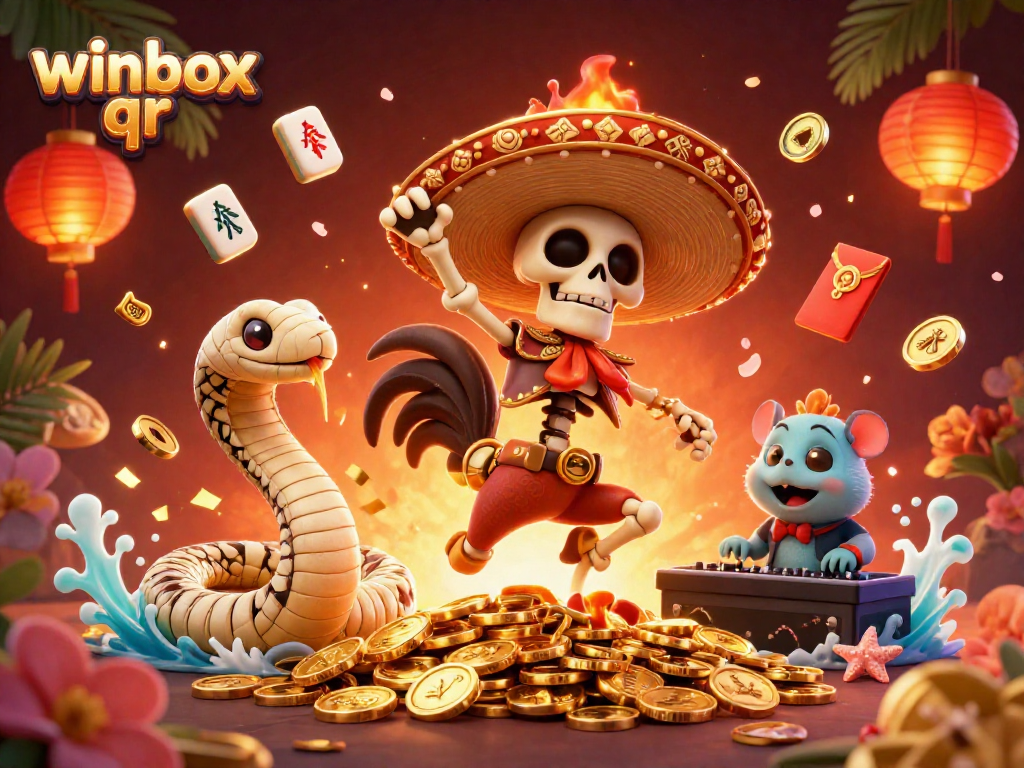 Winbox QR showcases a lively scene with a skeleton mariachi rooster and dynamic casino elements.