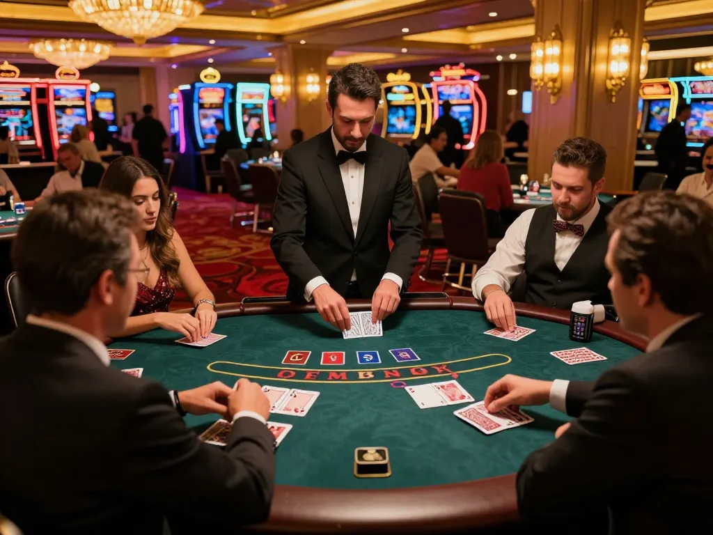 Pemain mengevaluasi kartu mereka di meja blackjack, menunjukkan cukupnya sensasi dari permainan kasino strategis.