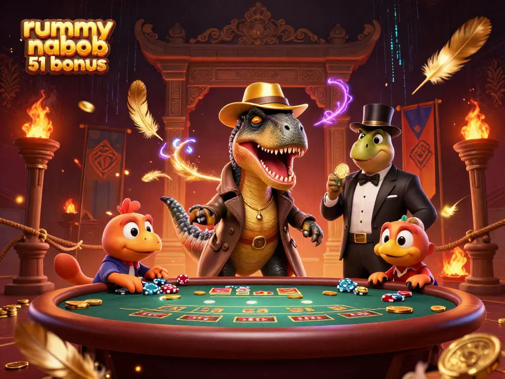 Rummy nabob 51 bonus, ilustrasi kartun 3D dengan karakter raptor di kasino yang menakjubkan.