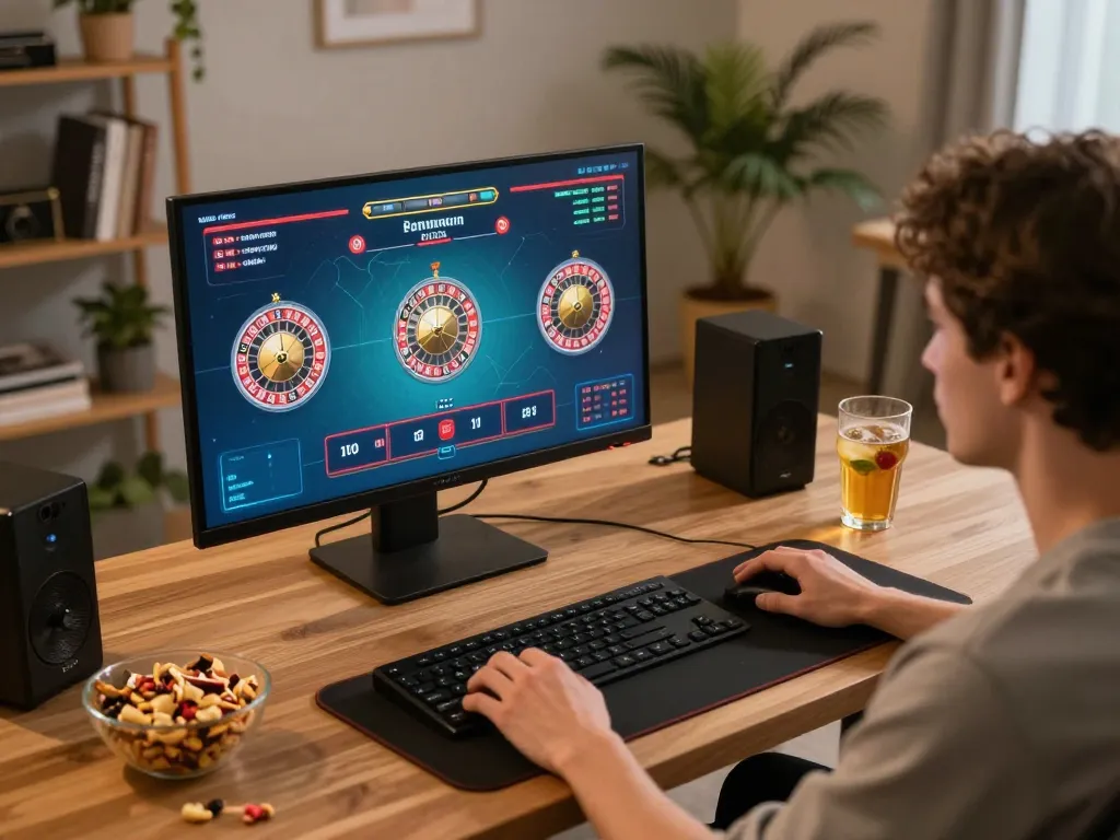 Individual playing Canadian online casinos on a computer, showing a roulette game screen.