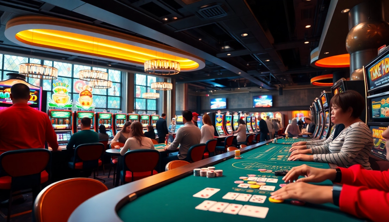 Kenangan4D gaming area with vibrant slots, lively players, and colorful chips.