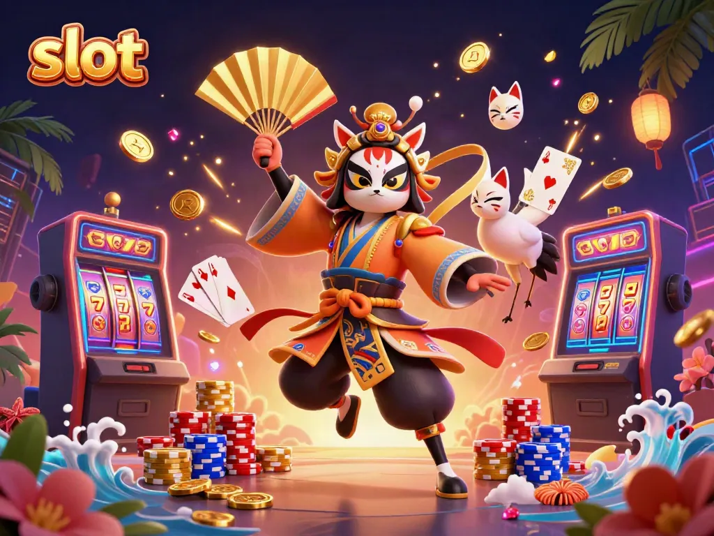 Experience the thrill of slot machines with vibrant scenes of kabuki warriors and gaming elements.