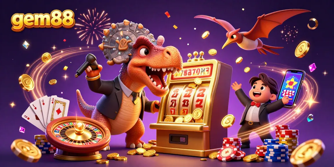 Experience gem88 thrills with a cartoon dinosaur jackpot scene filled with coins and casino games.