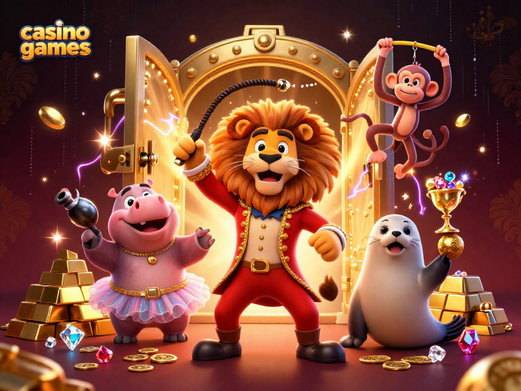 Experience exciting casino games with vibrant characters and dazzling treasure elements in a dynamic 3D illustration.