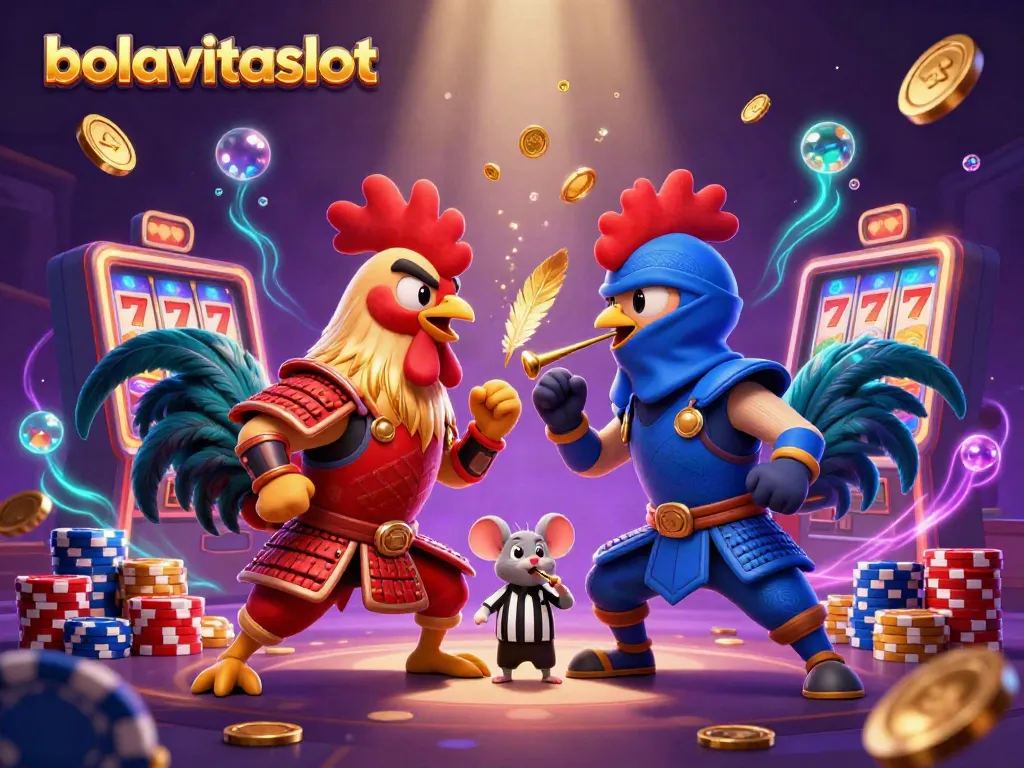 Experience the excitement of bolavitaslot with dynamic fighting roosters and vibrant casino elements.