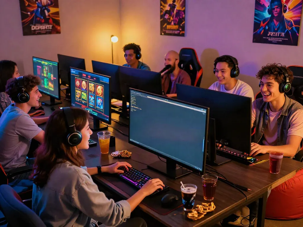 Friends enjoying an intense gaming session on akunjp platform in a vibrant lounge.