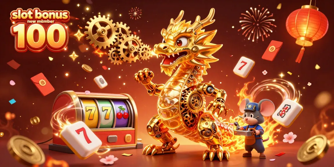 Engage with the slot bonus new member 100 offer, featuring dynamic 3D visuals of dragons, slot reels, and festive elements.