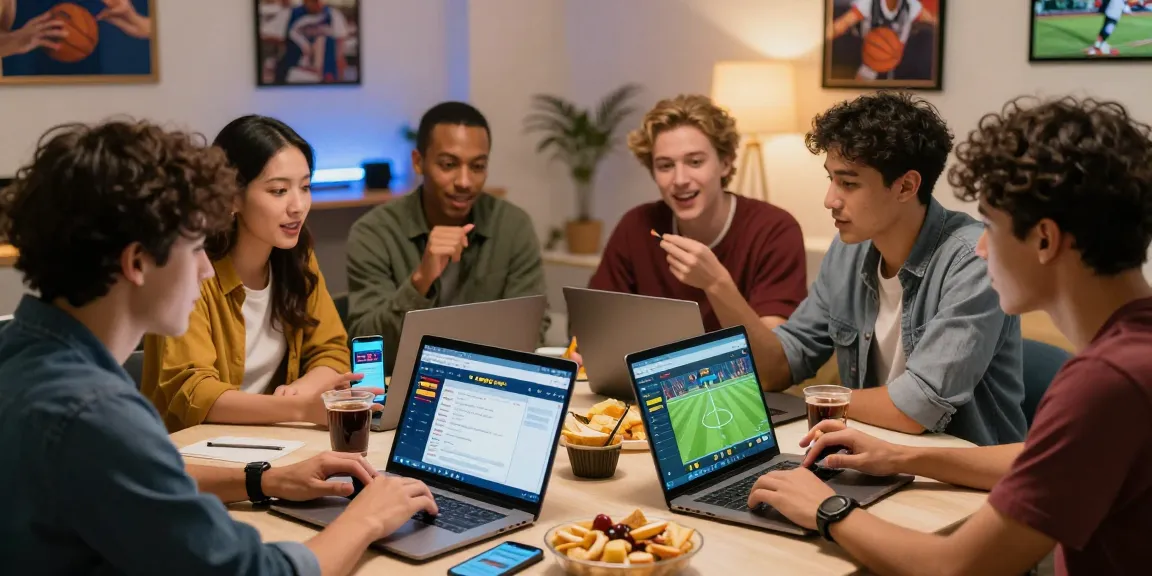 Friends enjoying the online betting experience at OPEN88, discussing strategies amidst laptops and sports gear.