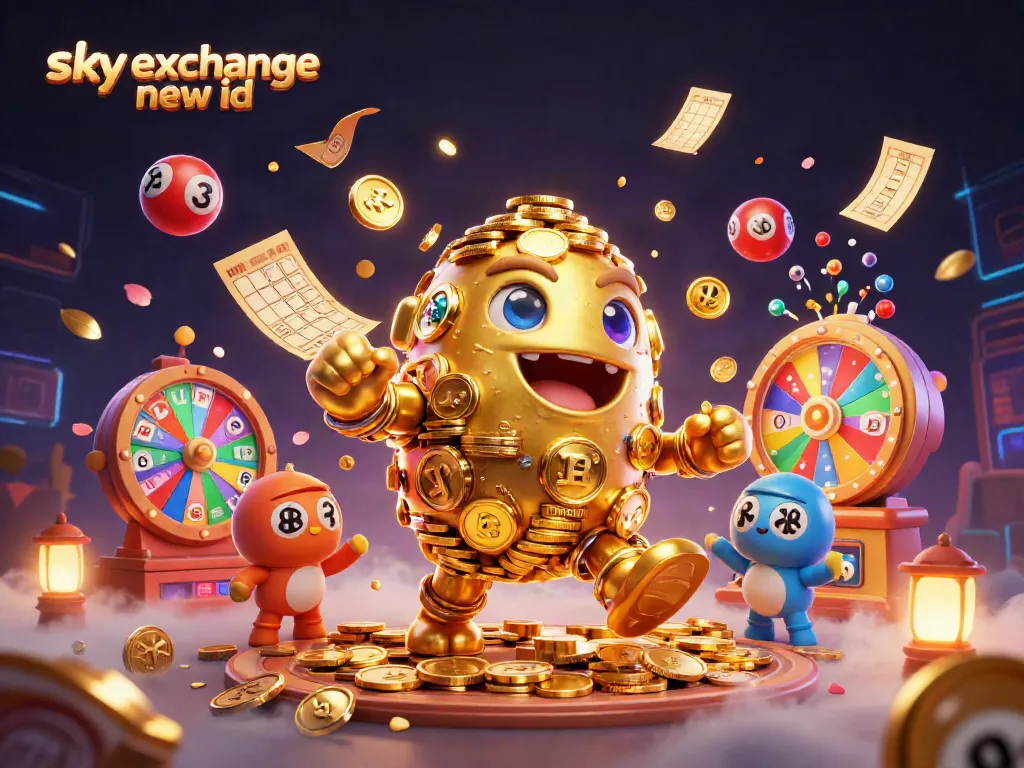 Engage with the enthralling world of gambling through sky exchange new id, featuring a vibrant golem, lotto balls, and golden treasures.