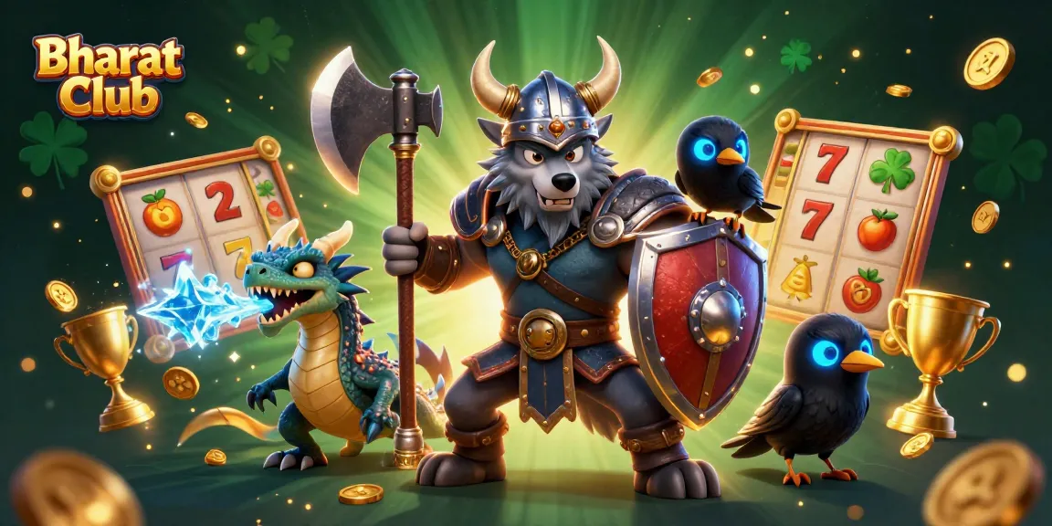 Bharat Club players engage in thrilling slot gameplay with Viking and dragon characters amidst exciting casino elements.