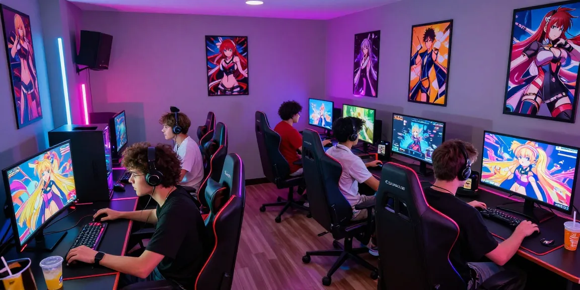 Ecchi game players immersed in action in a colorful gaming room.