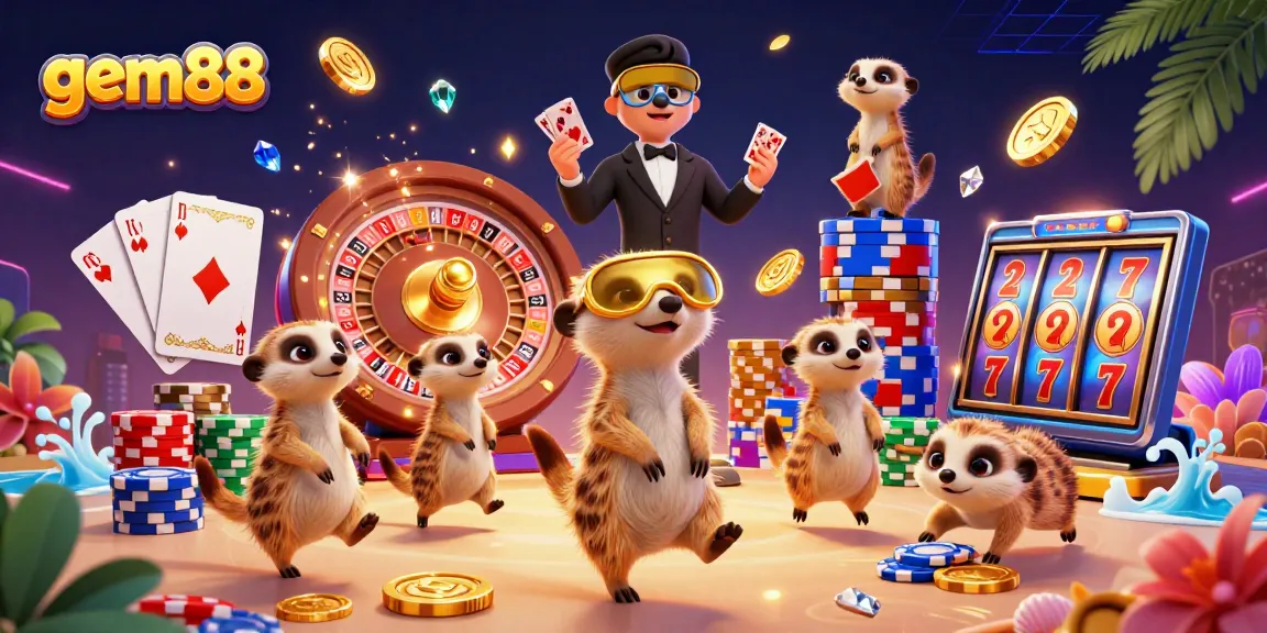 Experience the excitement of gem88 with cute meerkats operating an animated casino, complete with vibrant slot games and rich elements.