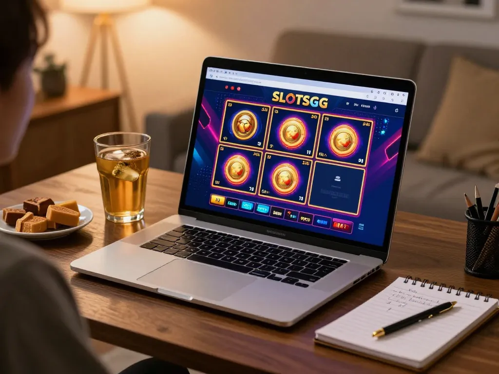 Engaging SlotsGG gaming session on laptop showcasing vibrant slot games for responsible entertainment.