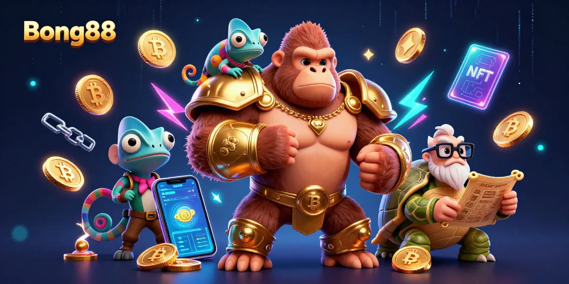 Bong88 offers thrilling experiences with a vibrant illustration of casino excitement, featuring dynamic characters and crypto elements.