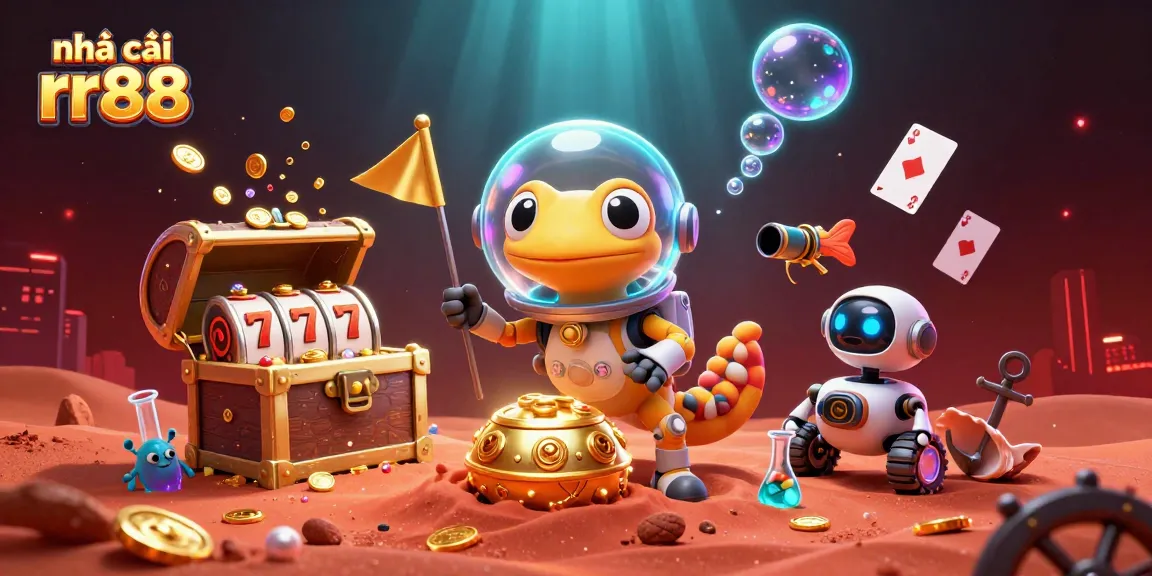 Experience intense action at nhà cái rr88 with our vibrant casino illustration featuring a Martian gecko discovering a golden casino.
