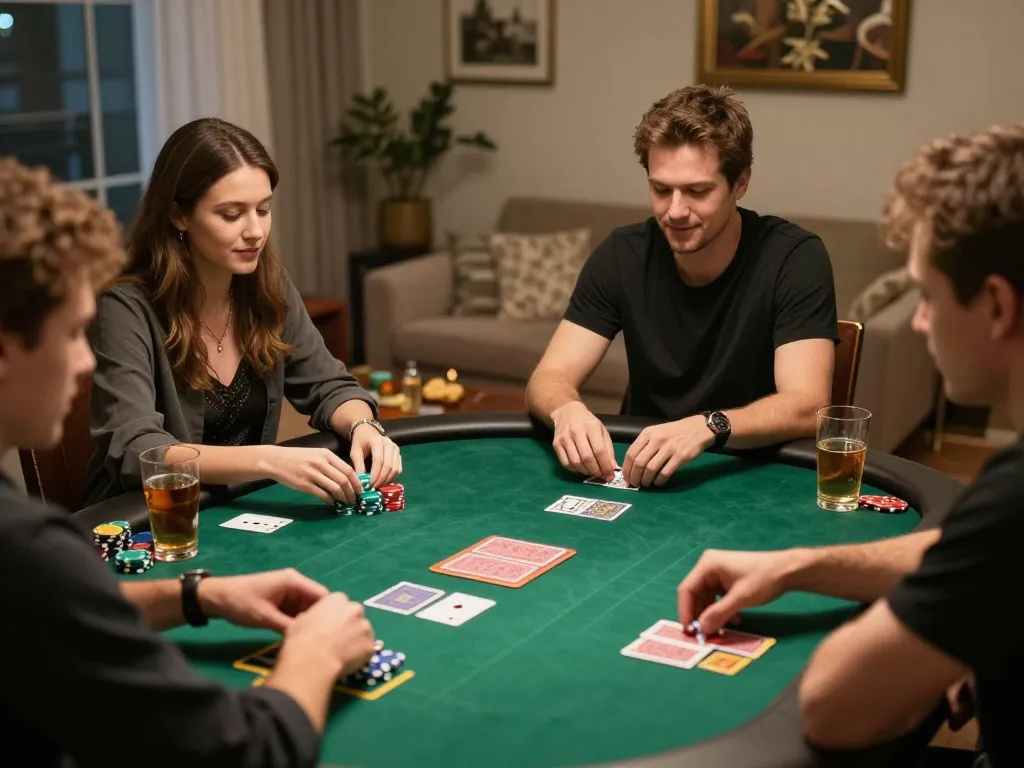 Friends playing poker at home using sin88 strategy, colorful chips and cards create engaging atmosphere.