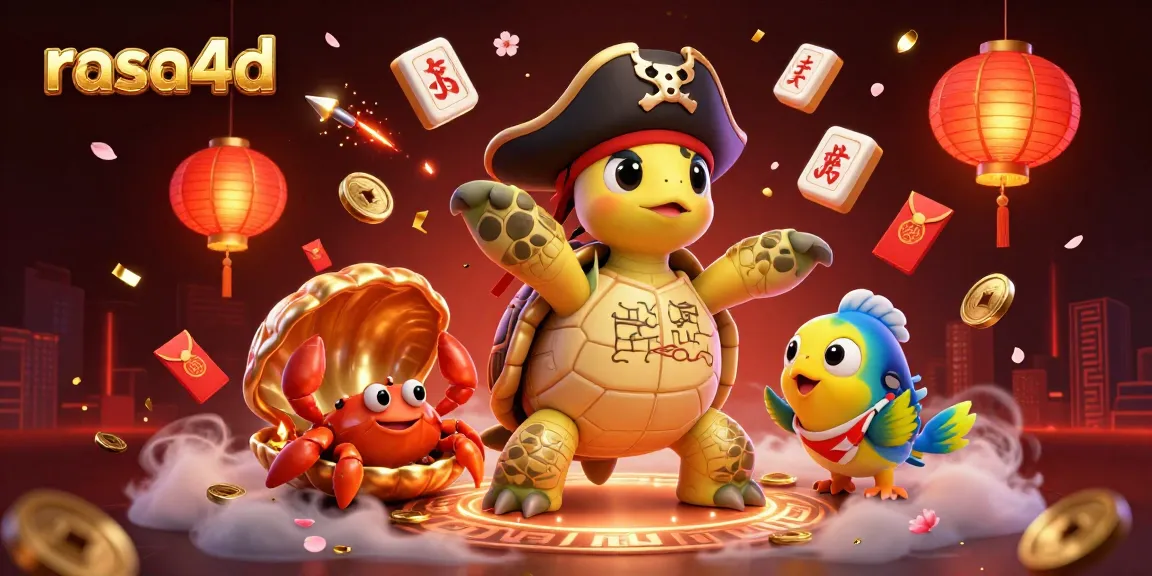 Engage with rasa4d through a vibrant casino-themed illustration highlighting a pirate turtle, hermit crab, and parrotfish.