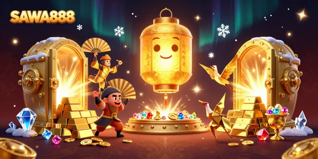 Engage with SAWA888's vibrant casino atmosphere featuring golden lantern spirit, fan warriors, and treasures.