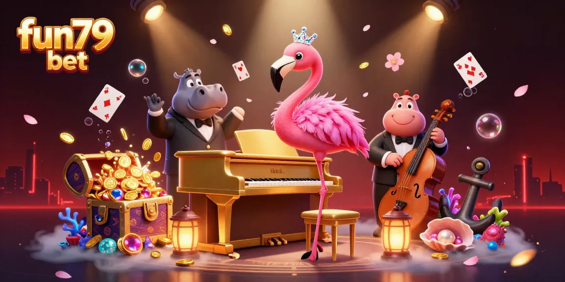 Join the fun79 bet adventure in a vibrant casino scene featuring a glamorous flamingo and hippo, amidst underwater treasures.