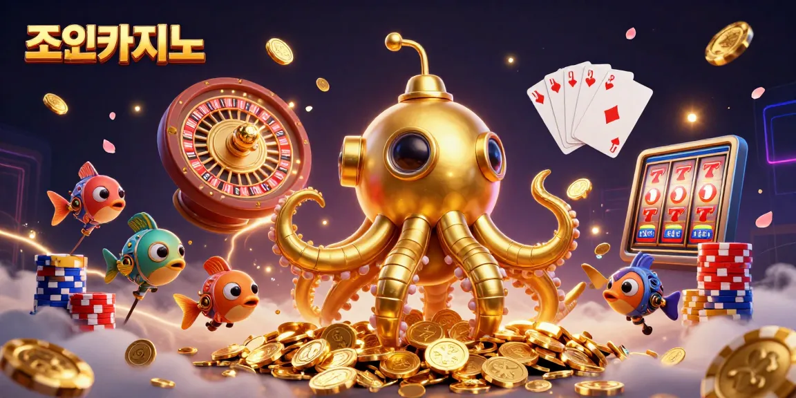 Experience thrilling action at 조이카지노 with a dynamic scene of a golden kraken submarine and casino elements.