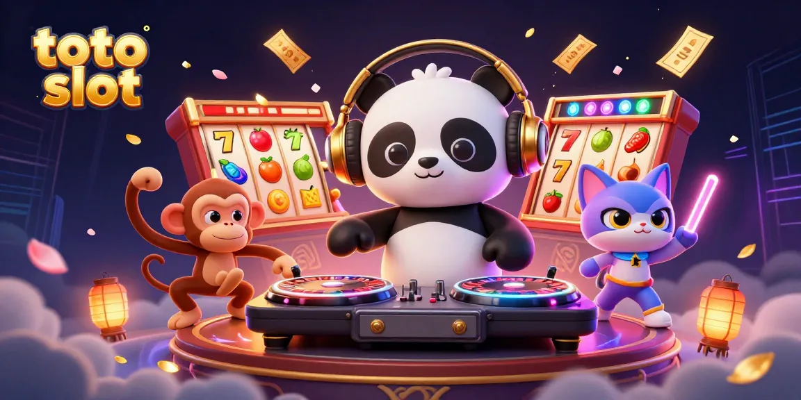Experience the thrill of toto slot with a dynamic 3D scene featuring a DJ panda, breakdancing monkey, and rave gear kitten surrounded by slot elements.