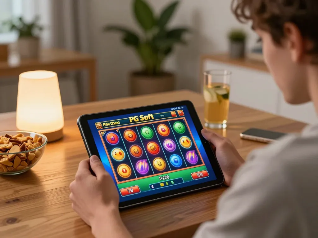 Memainkan slot demo PG Soft di tablet dalam pengaturan rumah yang nyaman dengan camilan dan minuman.
