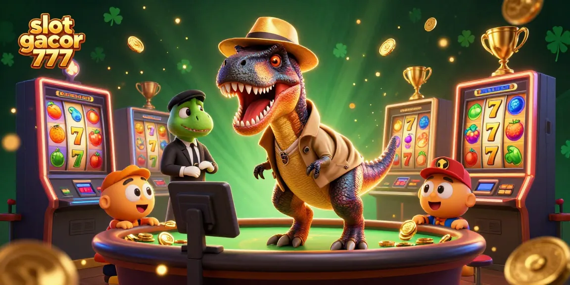 Experience excitement with slot gacor 777 amidst a lively casino scene featuring whimsical characters and dynamic game elements.