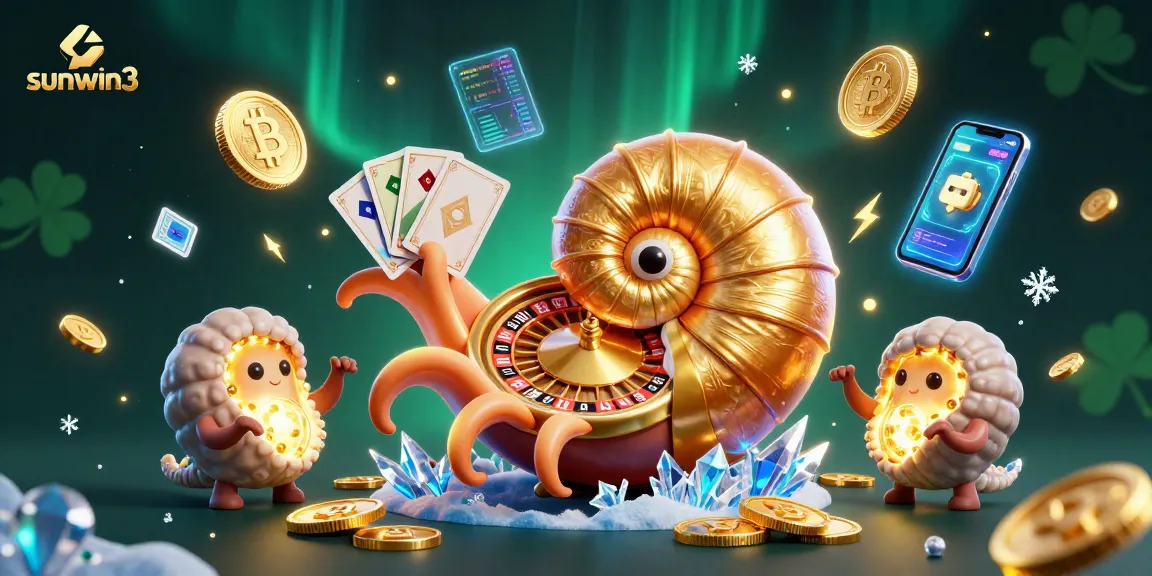 Engage with the thrilling world of sunwin3 as a giant nautilus spins a roulette wheel, showcasing vibrant crypto coins.