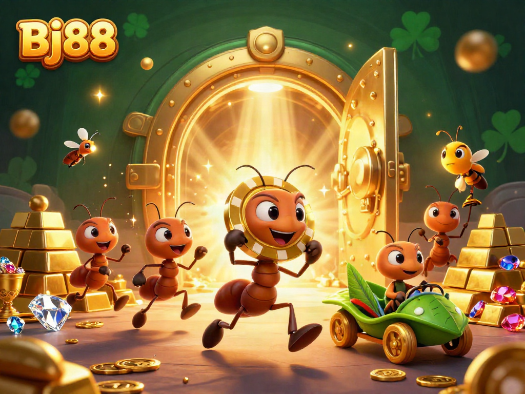 Ants execute a heist with a golden poker chip in a vibrant casino heist scene, Bj88.