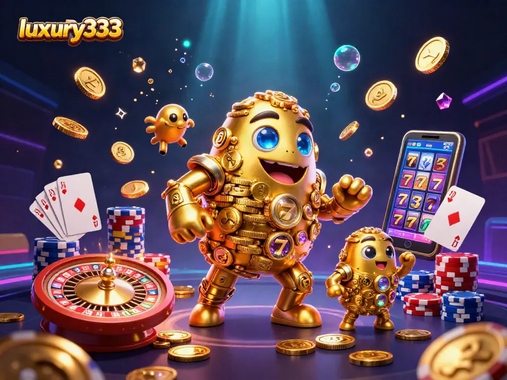 Gambarkan keseruan bermain di luxury333 dengan golem emas berputar dan koin berkilau.