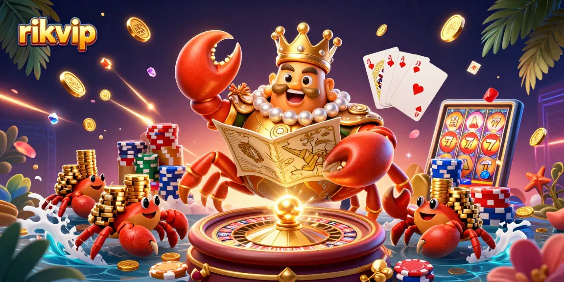 Engage with rikvip's thrilling gaming adventure led by a golden crab emperor amidst dazzling casino elements.