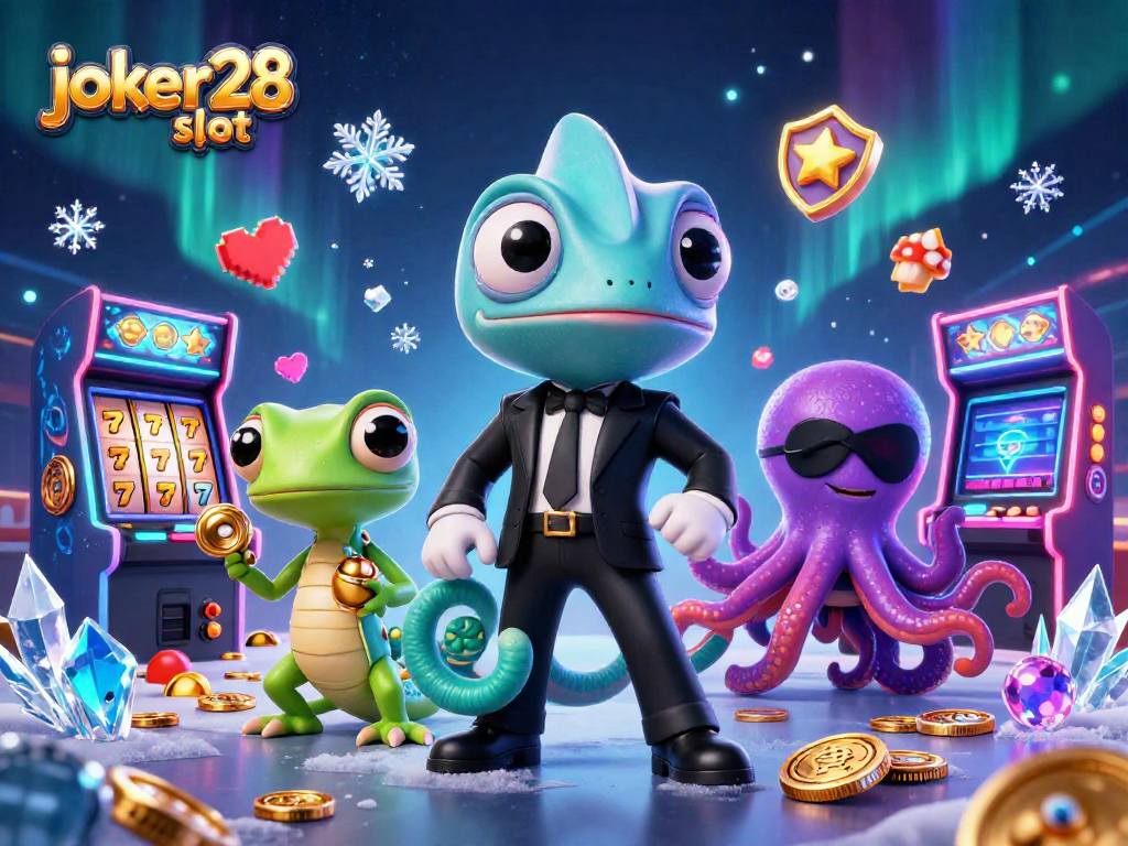 Menyaksikan permainan joker28 slot dengan slot reel dan jackpot, serta karakter kartun 3D pada latar kasino.