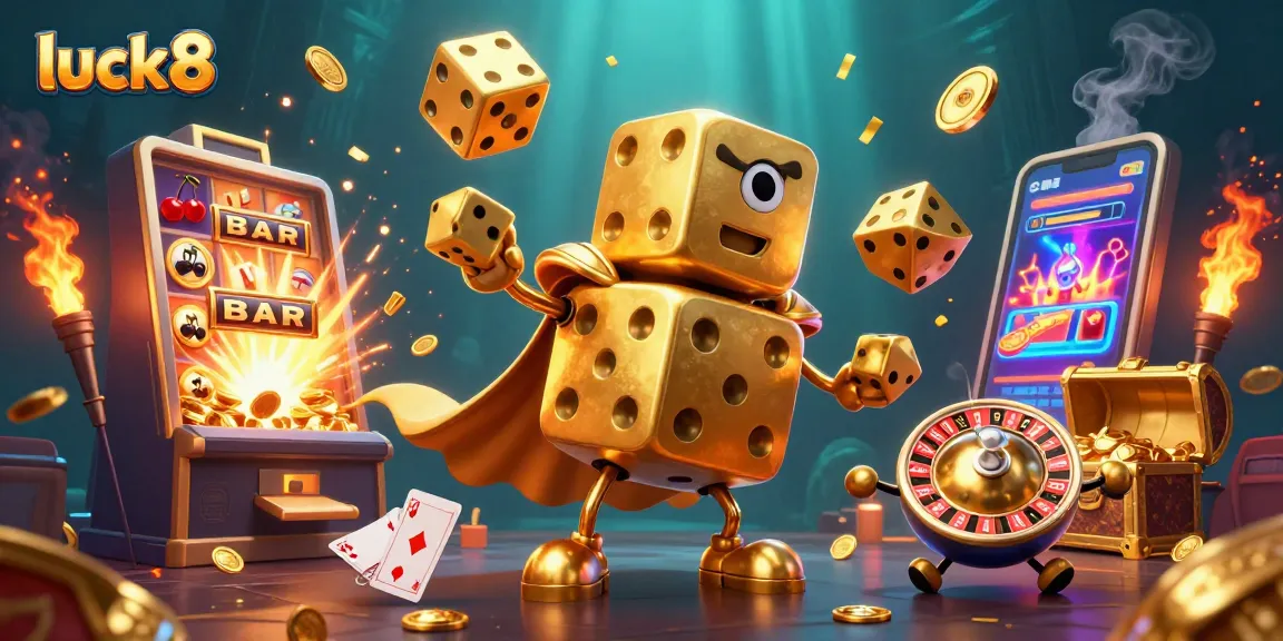 Engage with luck8's thrilling jackpots featuring golden dice, bursting slot machines, and colorful gaming elements.