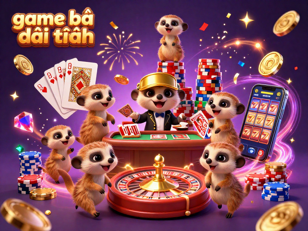 Experience the excitement of game bài đổi thưởng in a vibrant 3D casino scene with meerkats in action.