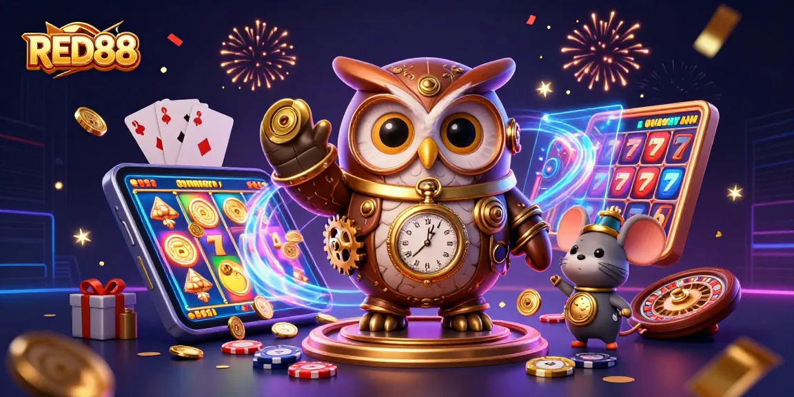 Engage with thrilling casino adventures at RED88 featuring vibrant slot reels and energetic characters.